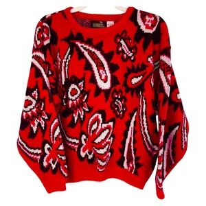80’s Retro Vintage Print Red Knit Sweater Size Large Made In Korea